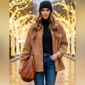 Cozy Tan Teddy Bear Women's Long Sleeve Shacket Jacket